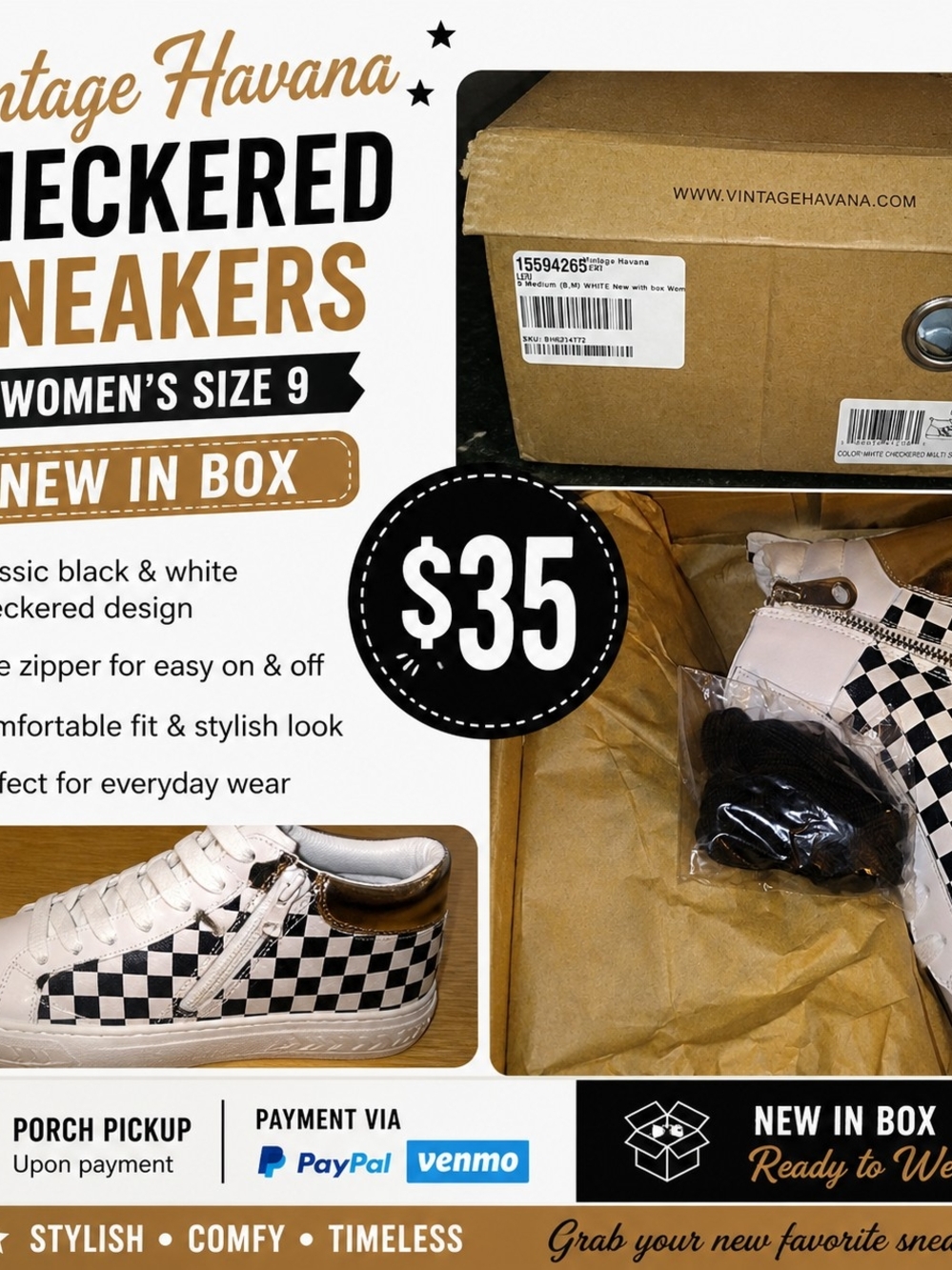 Vintage Havana Women's Checkerboard Sneakers - Black & White